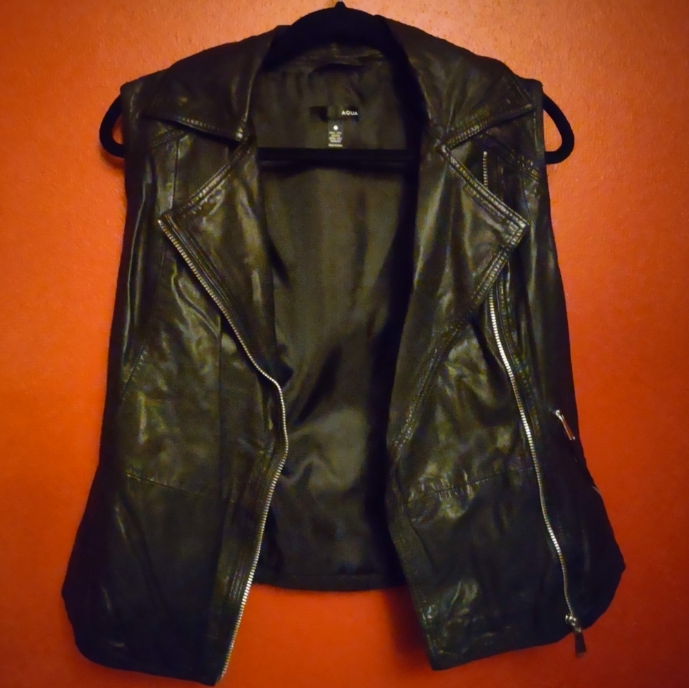 Aqua 100% Leather Black Moto Vest Asymmetrical Zipper Notched Lapel - Picture 10 of 10